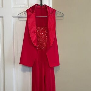 Weissman Red Sequin Kids Dance Jumpsuit with Sleeveless Vest